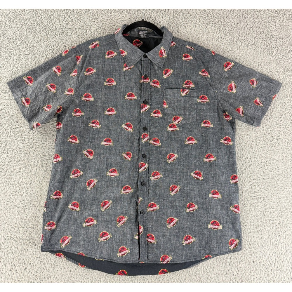 Fifth Sun Jurassic Park Shirt Mens XL Gray Logo Print Button Up Short Sleeve AOP
